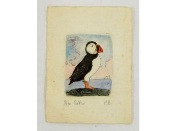 Vintage Miniature PUFFIN Bird Etching Artist Signed