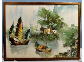 Vintage Oil Painting Oriental Landscape With Boats Signed