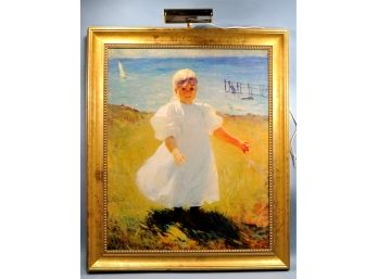 Framed Girl At The Sea Canvas Print With Light Fixture