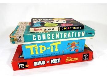 Lot 4 Vintage Games Popeye, Basket, Concentration, Tip-It