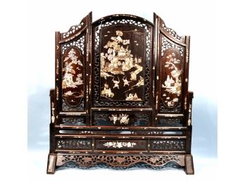 Unusual Antique Chinese Table Screen Carved Wood & Mother Of Pearl