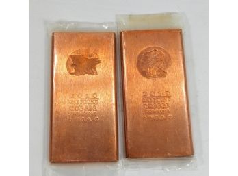 2010 Two .999 Copper Bullion 1 Pound Bar Ingots