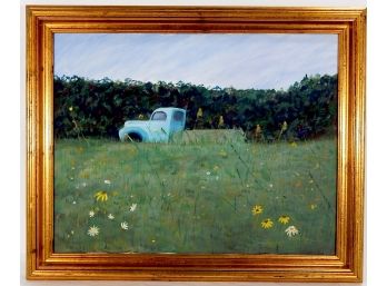 Original CHASE Farm Truck On Blooming Field - Oil Painting