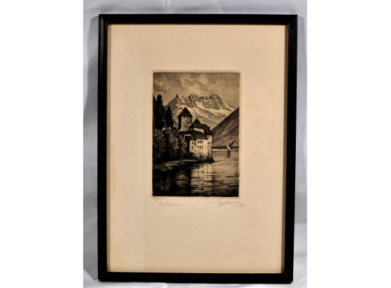 Antique Etching Mountain Lake Castle Pencil Signed