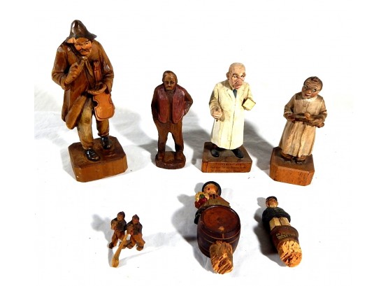 Lot 8 Vintage Wood Carved Figurines & Cork Stoppers