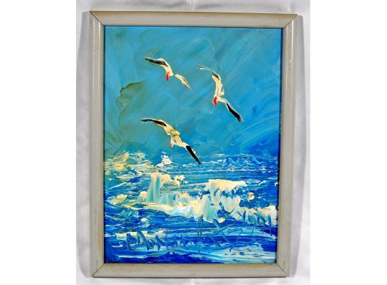 Original  MORRIS KATZ 1991 Seagulls Oil On Board Painting Framed