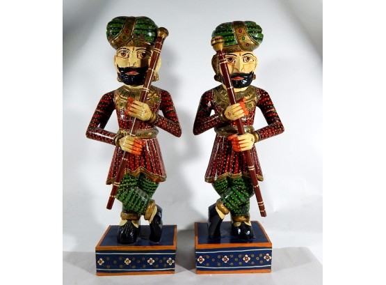 Pair Large Vintage Wood Carvied Figures Soldiers  India 24'
