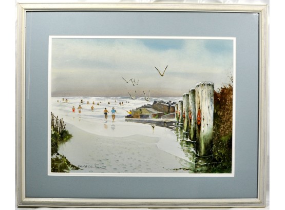 Original David F. LENKER Summer Beach Scene Framed Watercolor