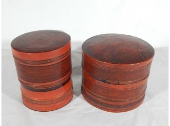 Vintage Pair Chinese Multi Tier Decorated Wooden Boxes