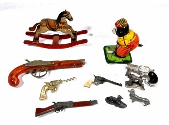 Vintage Toy Lot Pistols Wind-up Bear Wood Horse
