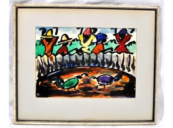 'Rooster Fight' Vintage Framed Watercolor Louis