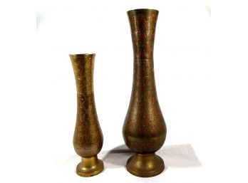 Two Tall Vintage Brass Vases Hand Chased India
