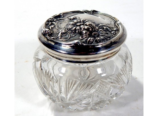 Antique Cut Glass & Sterling Repousse Jar