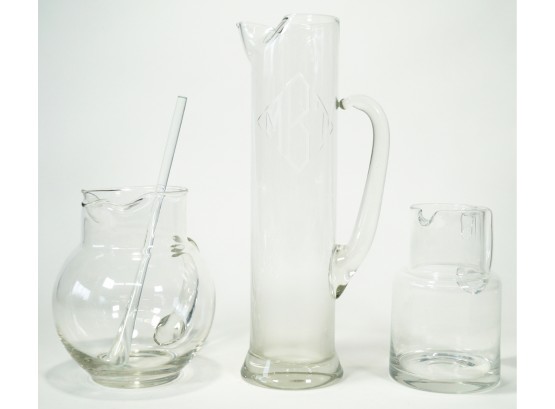 Lot Of 3 Ice Lip Glass Pitchers And Glass Stirrer