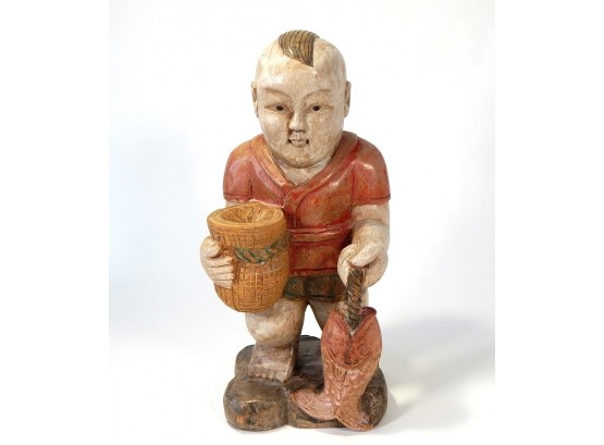Large Vintage Oriental Wood Figure - Man With Fish