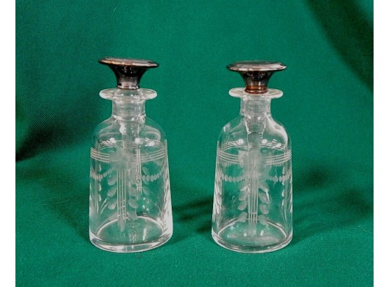 Pair Vintage Etched Glass & Sterling Perfume Bottles