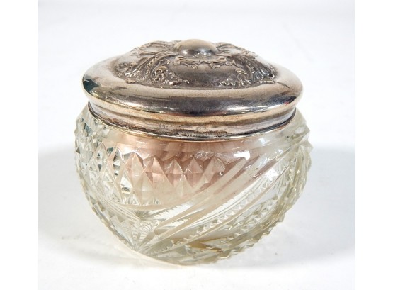 Vintage Sterling & Crystal Powder Jar W/ Puff Repousse Lid