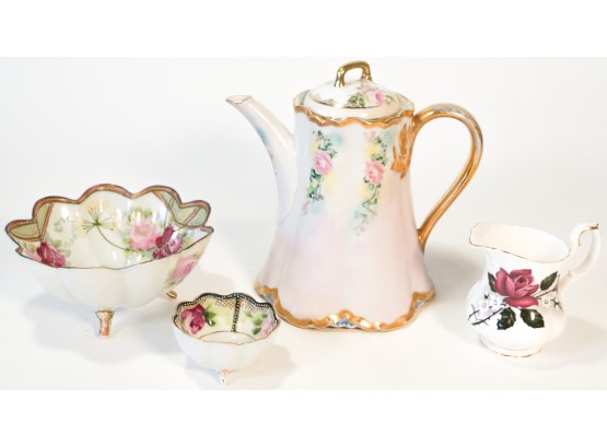 Lot Of Floral Porcelain - Tea Pot, Creamer, Footed Bowls