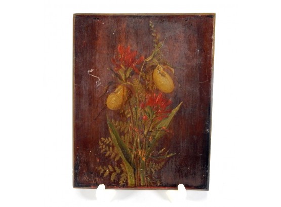 Antique Flower Still Life Painting On Wood