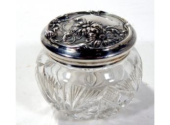 Antique Cut Glass & Sterling Repousse Jar