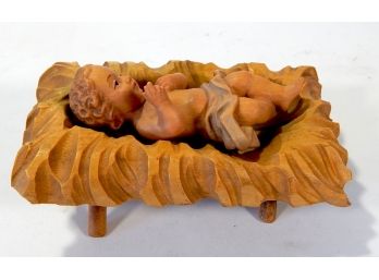 Vintage ANRI Hand Carved Figurine Baby Jesus In Cradle