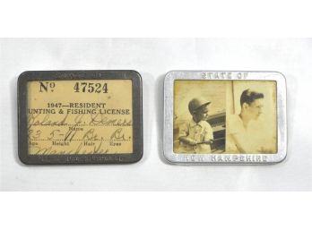 Pair Vintage 1947 New Hampshire Fishing License Holders Badges