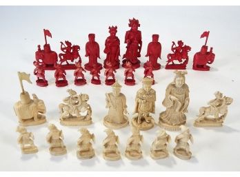 Antique Set Of Carved Ivory Chinese Chess Pieces