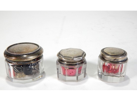 Lot 3 Antique Cut Glass & Sterling Silver Jars With Buttons