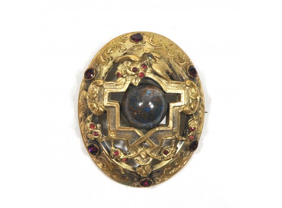 Victorian Gold Tone Brooch With Love Birds & Rotating Stone
