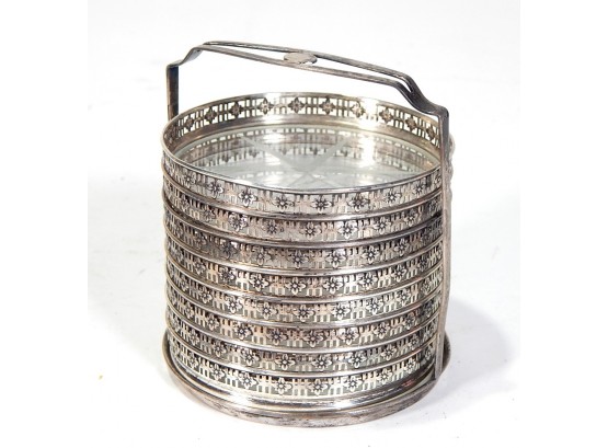Antique Sterling Silver & Cut Glass Coaster Set With Stand