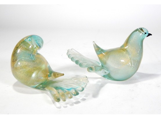 Pair Murano Art Glass Doves With Gold Inclusion