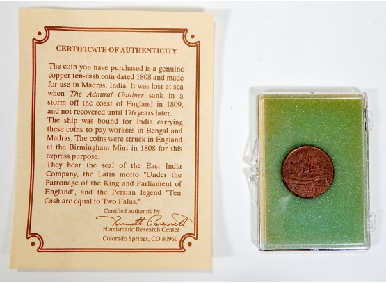 1808 Madras India Shipwreck Coin With COA