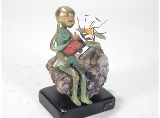 Vintage Bronze Figurine Of Girl Reading Book- Signed