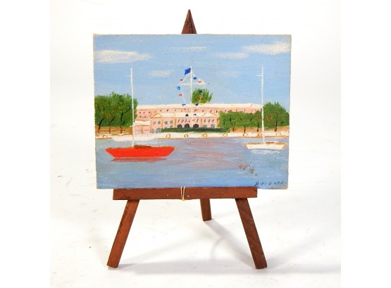 Vintage Coastal View Mini Oil Painting  With Easel - Signed Baer
