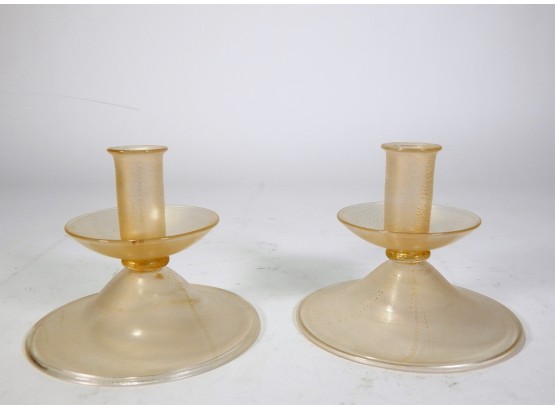 Pair Vintage Murano Glass Candle Holders Clear With Gold Dust