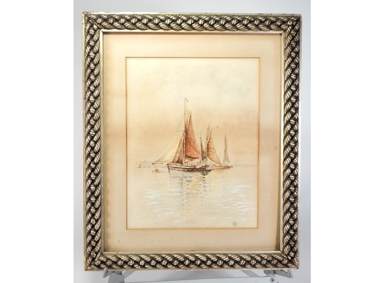 Antique 19th Century J.BR. Sail Ships Watercolor