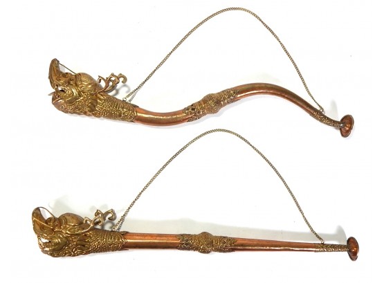 Pair Vintage Asian Dragon Head Trumpets Brass & Copper