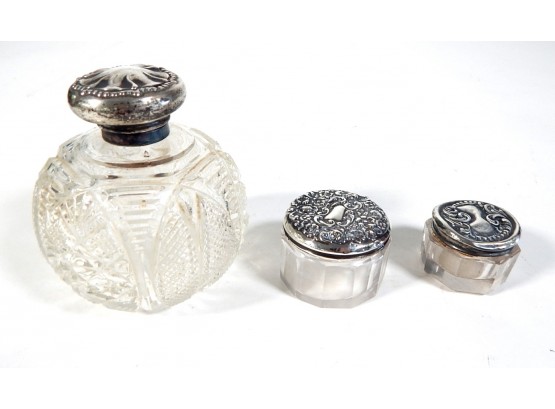 Antique Glass & Sterling Repousse Perfume Bottle & Vanity Jars