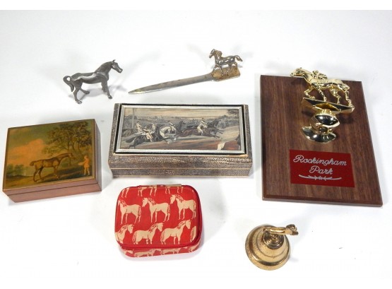 Vintage Horse Themed Lot: Boxes, Wall Plaque, Figurine, Etc