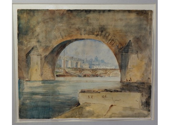 Antique Bridge Watercolor Signed