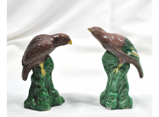 Pair Vintage Chinese Pottery Bird Figurines