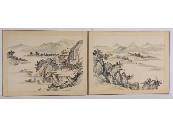 Pair Vintage Asian Paintings On Silk