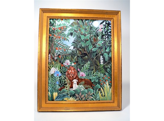 Primitive Oil Painting  - Jungle With Animals, Signed