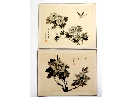 Pair Vintage Asian Flower Watercolors On Silk Signed