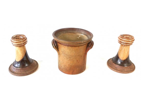 Vintage Pottery Set: Candlesticks & Crock