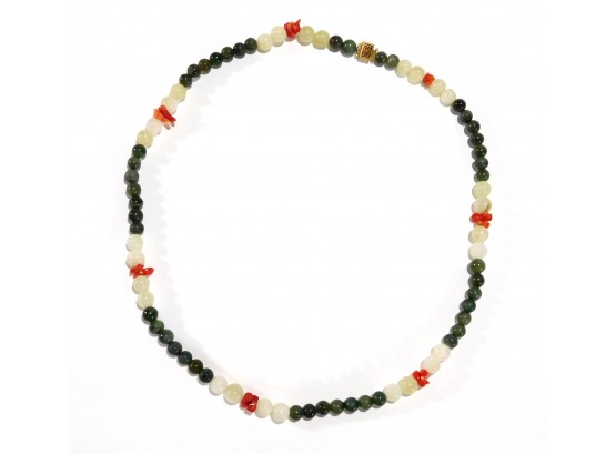 Vintage Jade & Coral Necklace Sterling Clasp