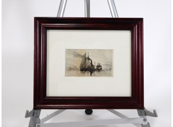 Antique 1881 Etching Seascape With Boats Signed