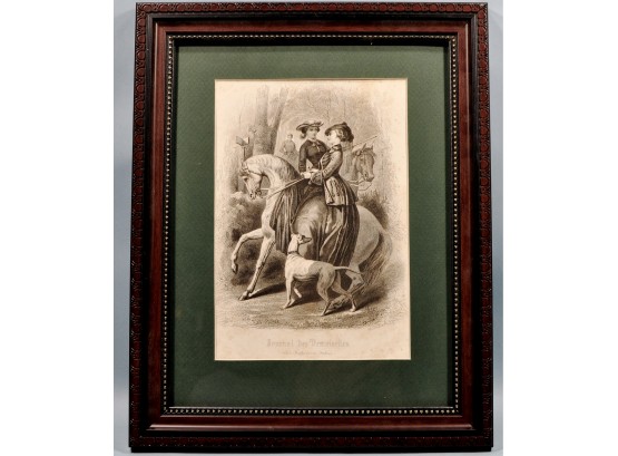 Antique HOPWOOD English Engraving Ladies On Horses With Dog