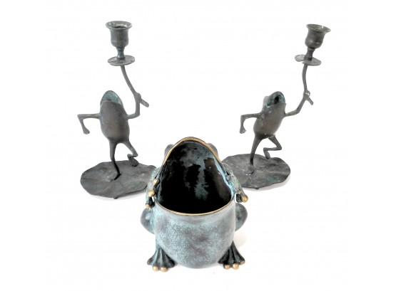 Set 3 Verdigris Brass Frogs Candlesticks