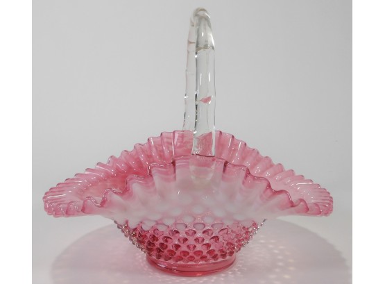 Fenton Large Hobnail Pink Cranberry Opalescent Ruffled Art Glass Basket